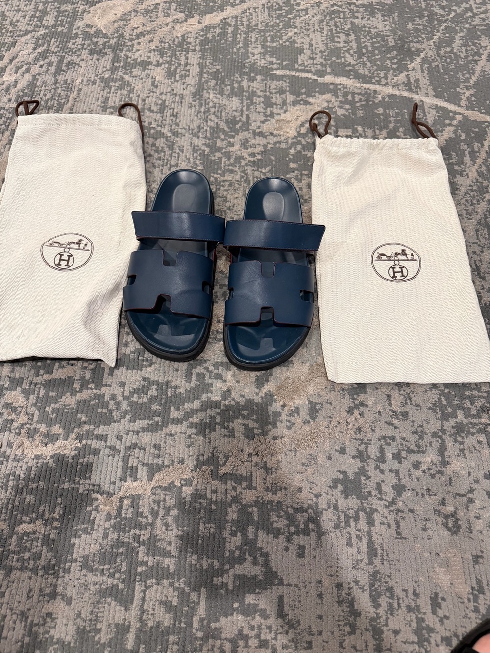 Hermes Navy Blue Men's Oran-Style Slide Sandals